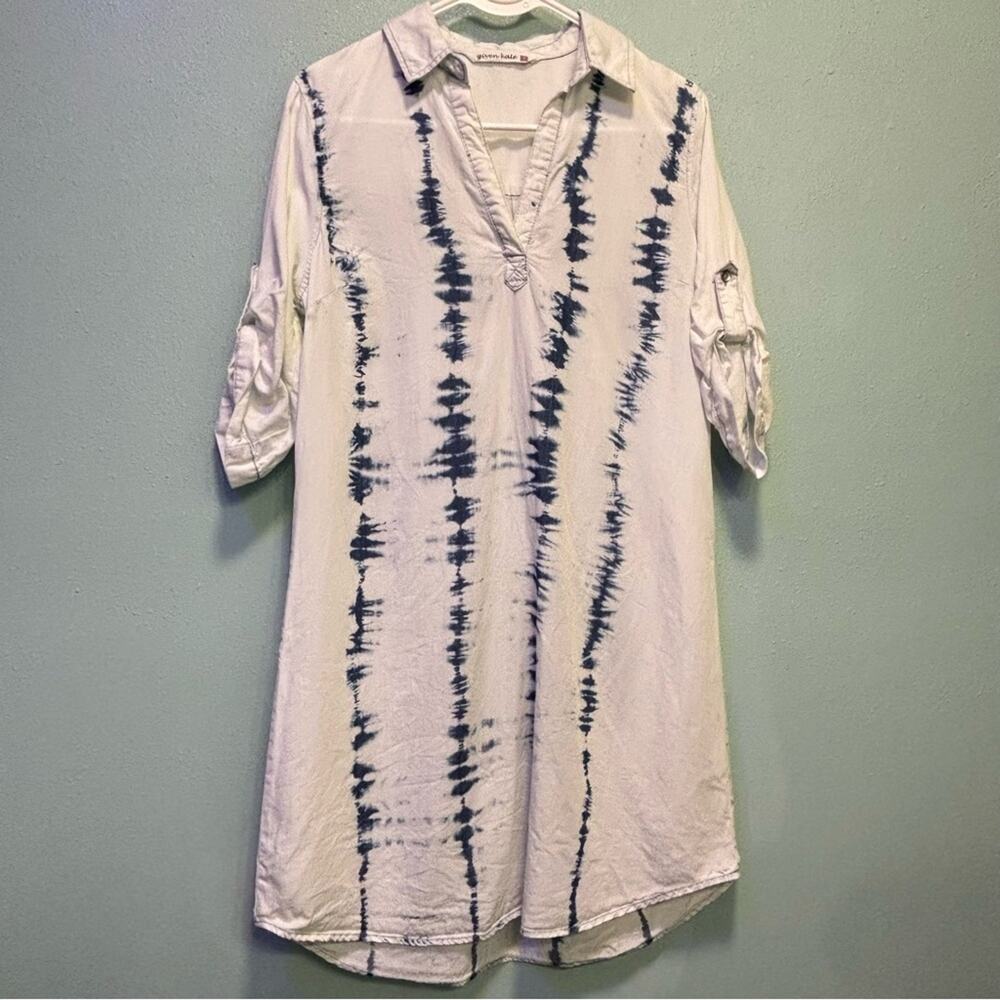 Given Kale Women’s Casual White and Blue Tie Dye Notched Collar Shirt Dress